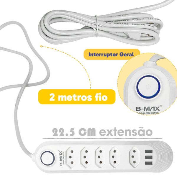 Extensão de Tomadas [5 Tomadas + 3 USB] - Imagem 5