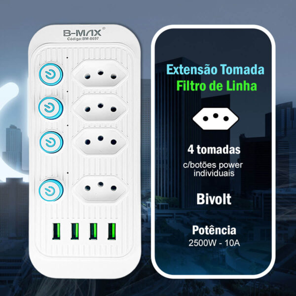 Extensão de Tomadas [4 Tomadas + 4 USB] - Imagem 2