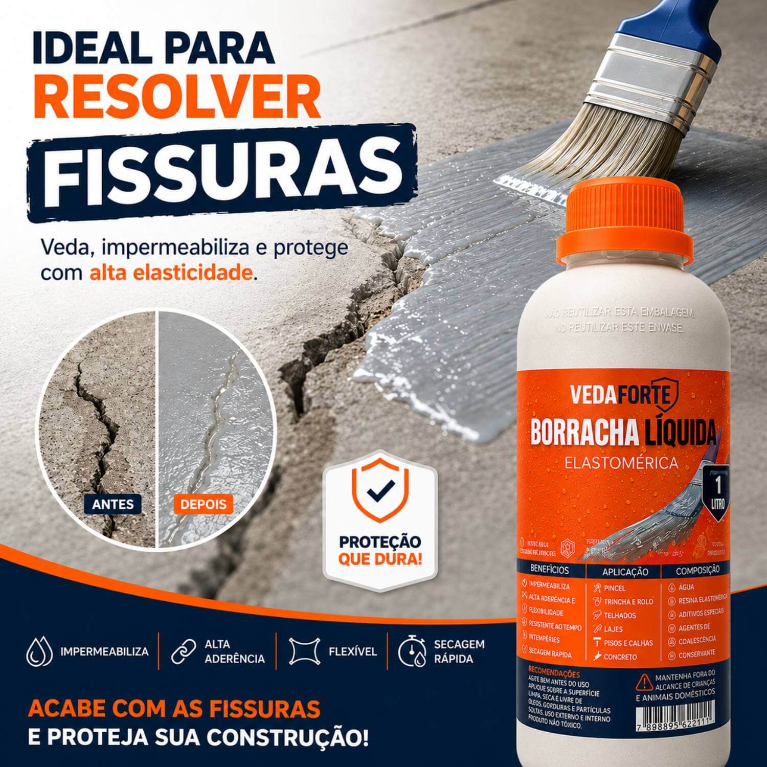 Borracha Líquida Vedaforte 1L Impermeabilizante Elastomérica Alta Flexibilidade - Imagem 3