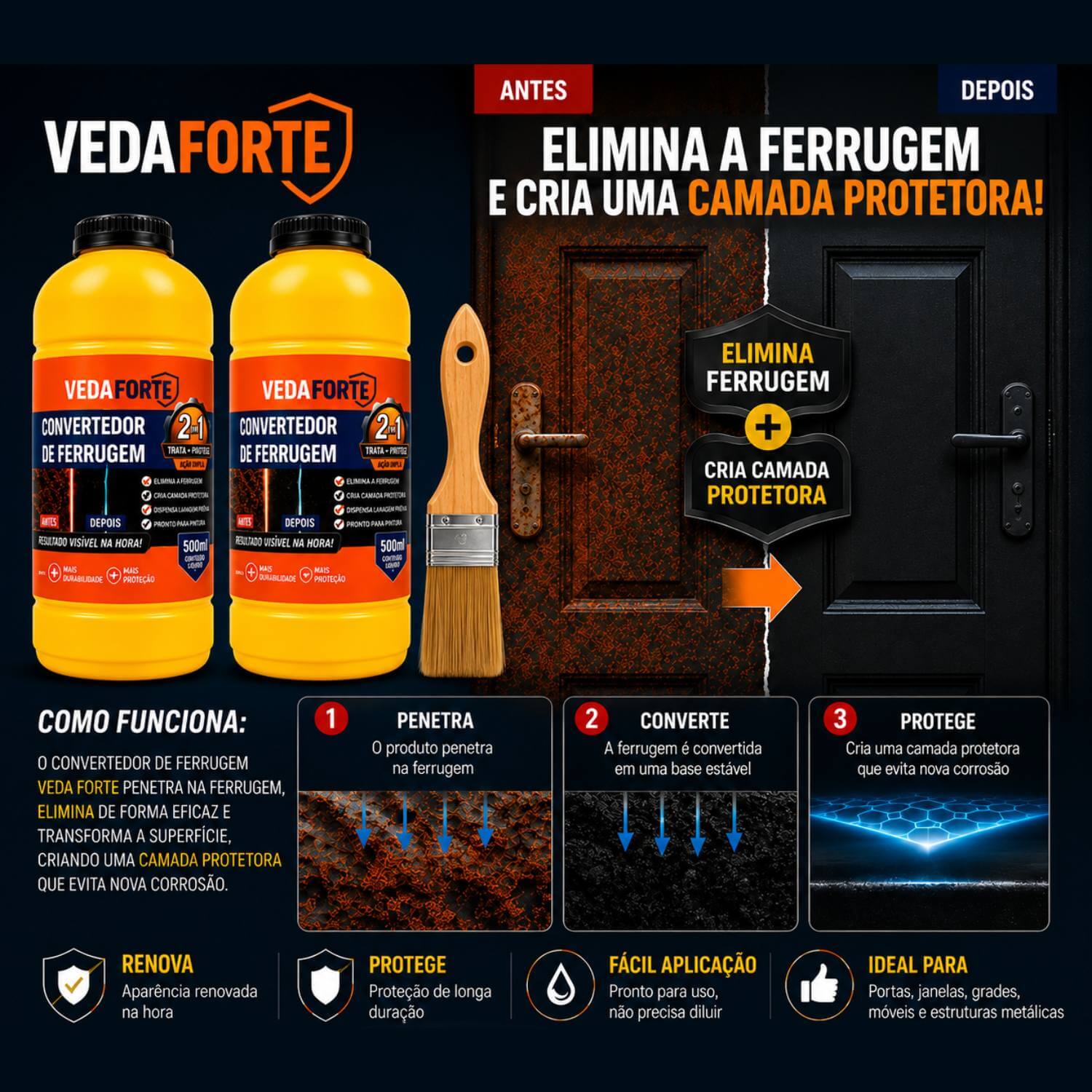 Kit Convertedor De Ferrugem 2 Unidades 500ml Com Pincel 2 Pol Trata E Protege - Imagem 5