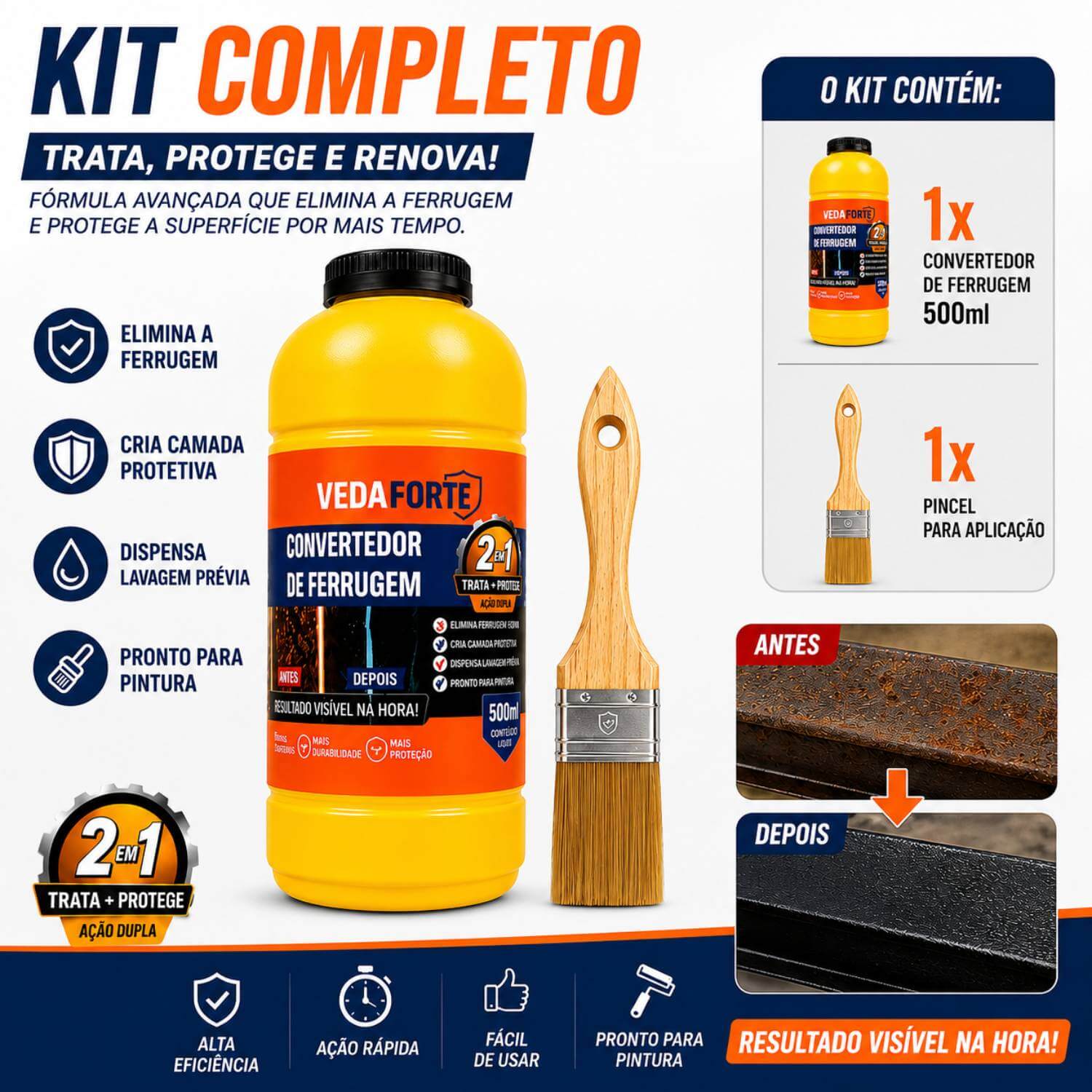 Kit Convertedor de Ferrugem 500ml + Pincel 2 Polegadas Profissional - Imagem 2