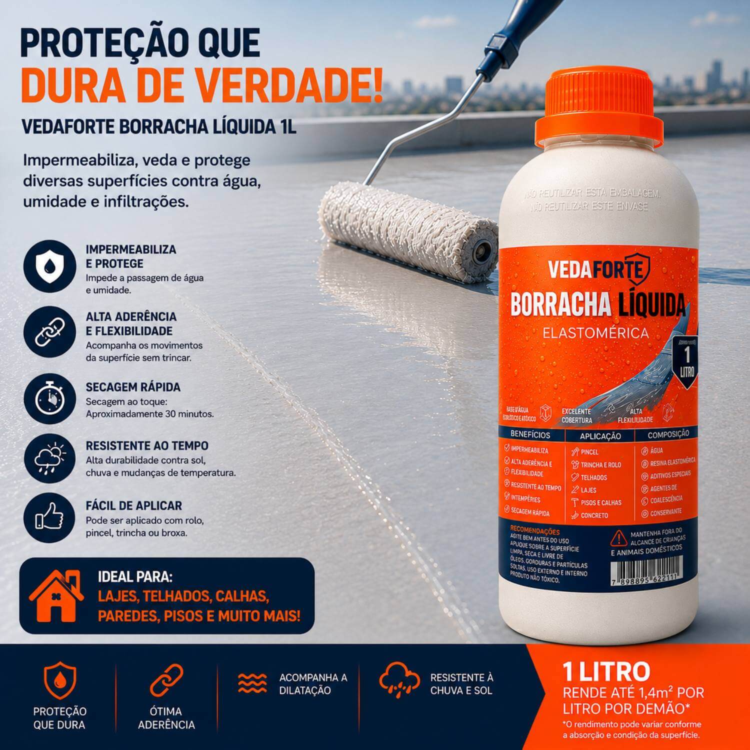 Borracha Líquida Vedaforte 1L Impermeabilizante Elastomérica Alta Flexibilidade - Imagem 2