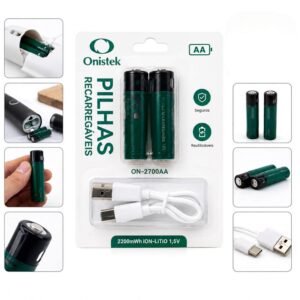 Kit 2 Pilhas AA Recarregável USB Tipo C
